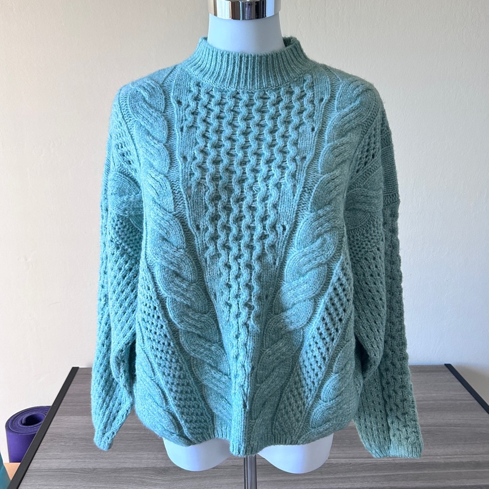 French brand Charlior gorgeous Seafoam Green Mock Turteneck Cableknit Sweater
